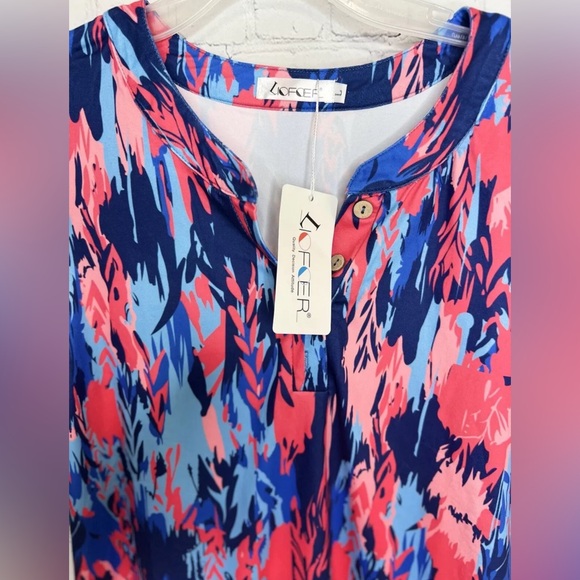 Liofoer New Women’s Top T-shirt 3 Button Front shorts Puff Sleeves L Blue Red - Picture 6 of 9